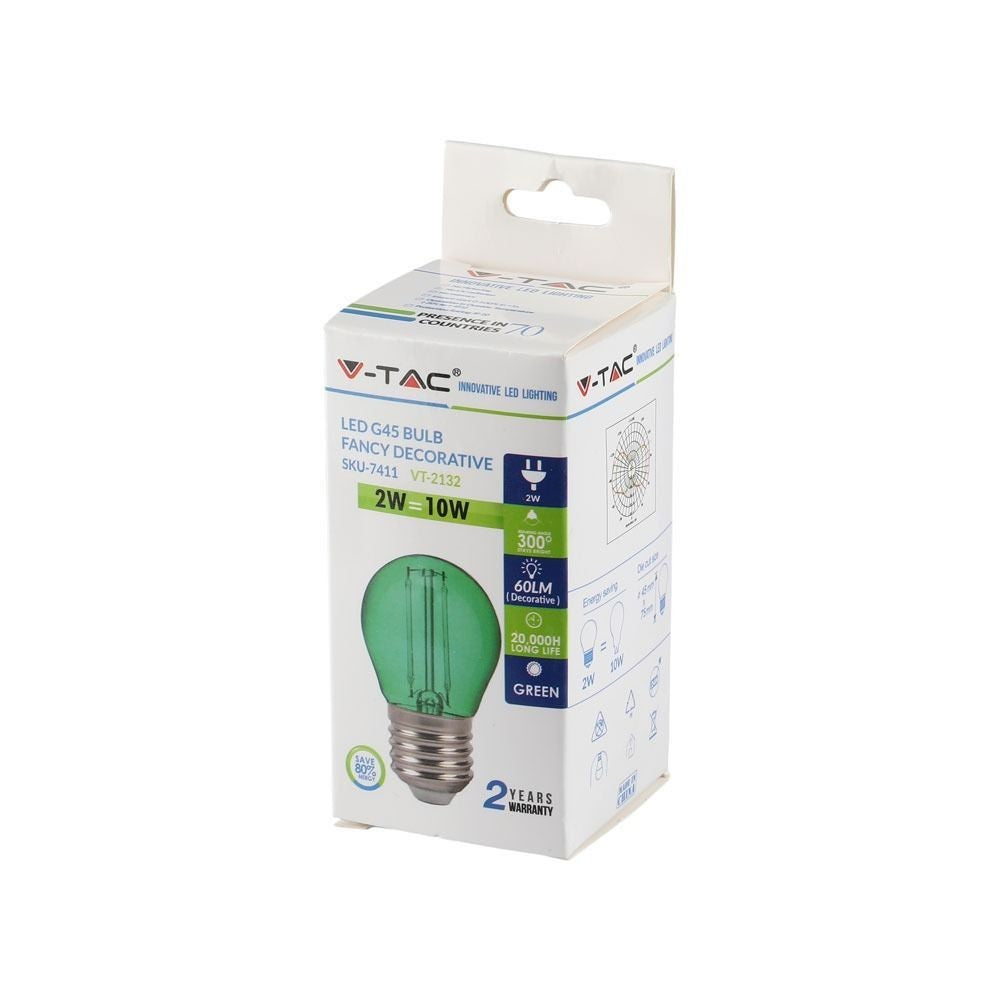 V-Tac 2W Grøn LED Kronepære - E27, Kultråd, Erstatning for 10W, Input 230V, 60lm, RA80