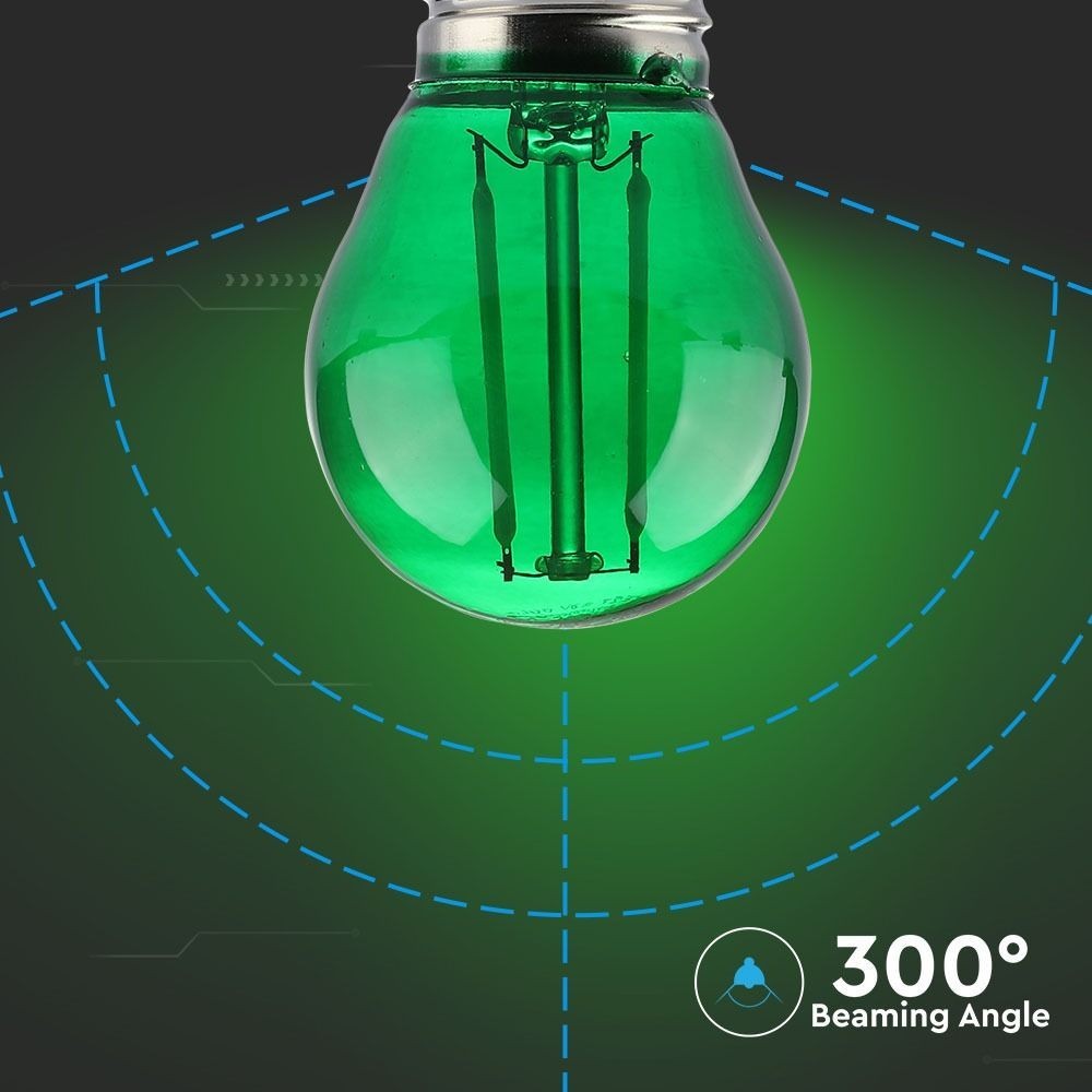V-Tac 2W Grøn LED Kronepære - E27, Kultråd, Erstatning for 10W, Input 230V, 60lm, RA80