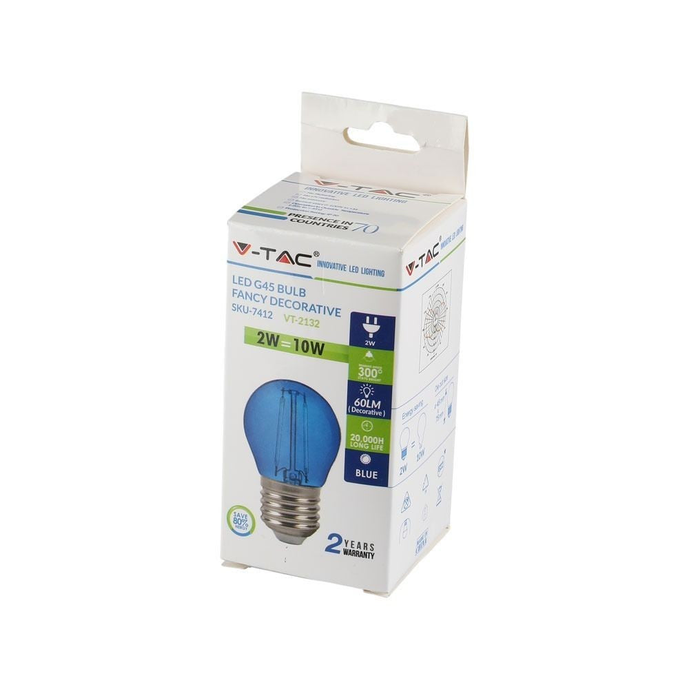 V-Tac 2W Farvet LED Kronepære - Blå, Kultråd, E27, Erstatter 10W