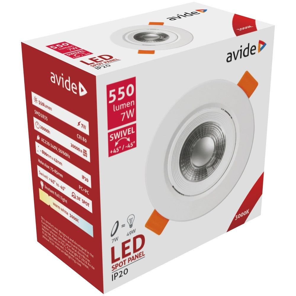 7W LED indbygningsspot - Ø7,5 cm hul, Ø9 cm mål, indbygget driver, 230V, 550lm, RA80