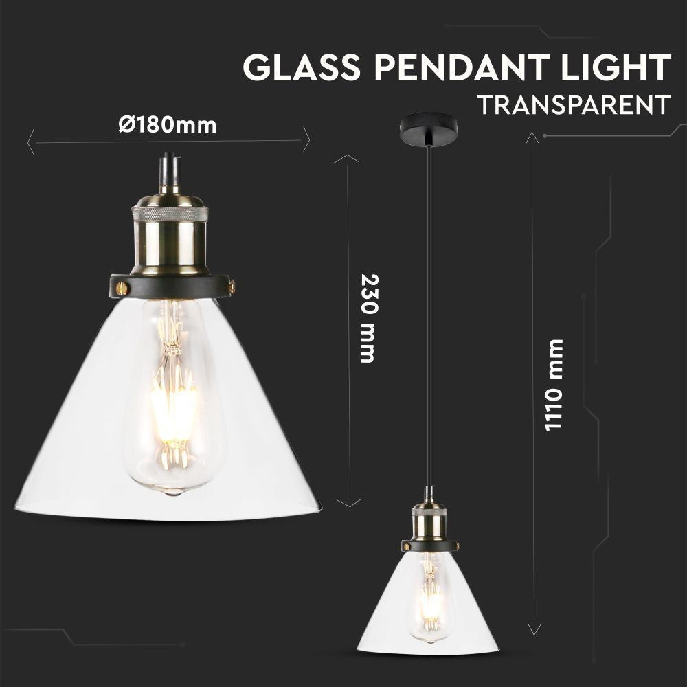 V-Tac Moderne Pendellampe - Gennemsigtig Glas, Ø18 cm, E27, Max. 60W