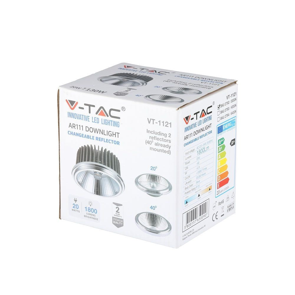 V-Tac LED spot - 20W, varm hvid, 230V, G53 AR111, erstatter 130W, RA80
