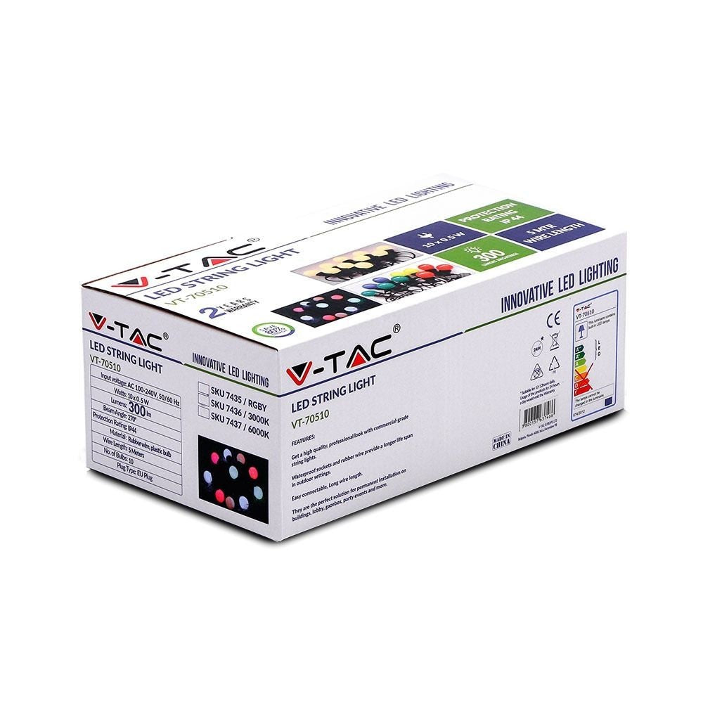V-Tac LED lyskæde 5m med 10 stk. 0,5W RGB pærer inkl. lyskilde - 230V, 5W, 300lm