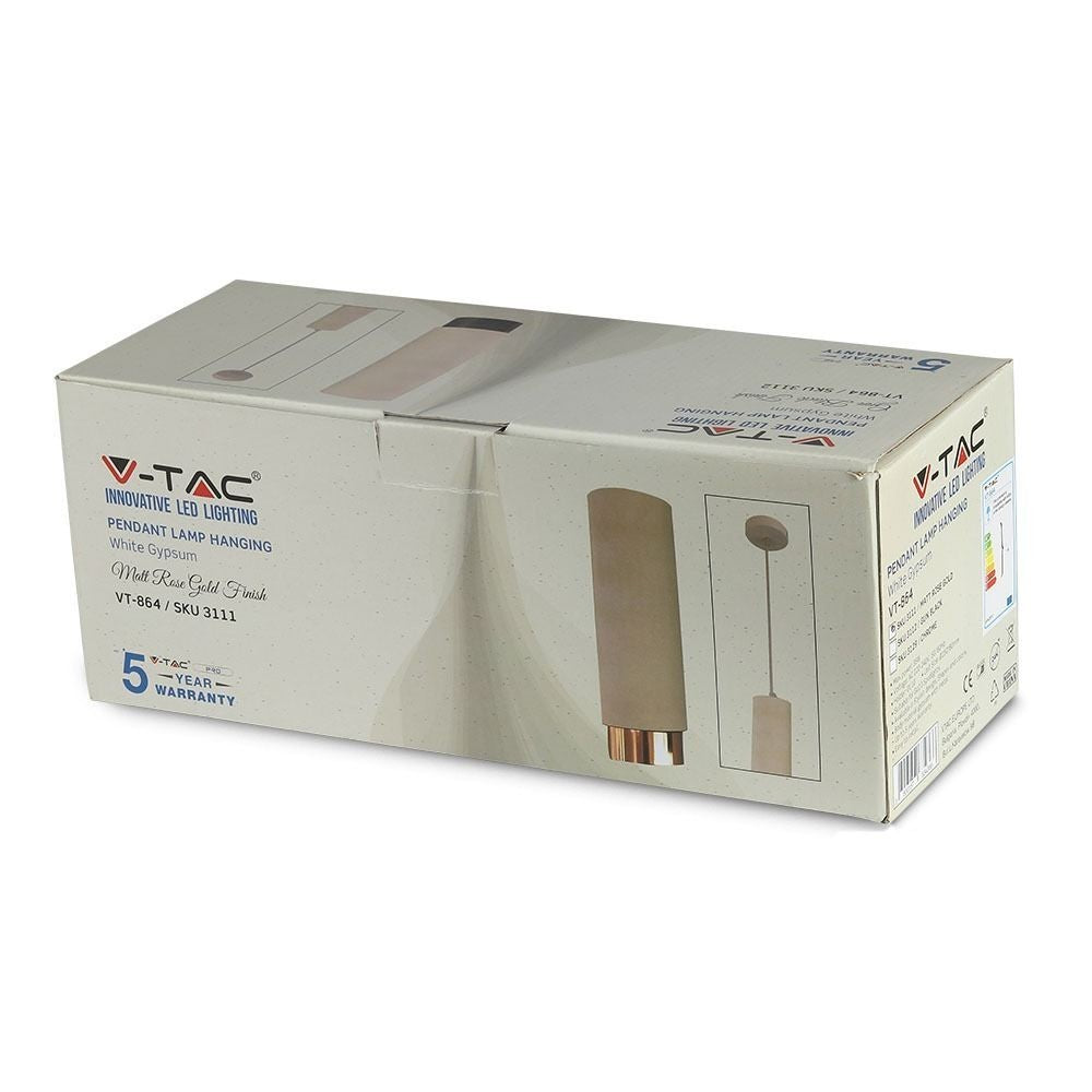 V-Tac Moderne Pendellampe - Hvid/Rose Guld, Ø8 cm, GU10, Max 35W, 5 års garanti