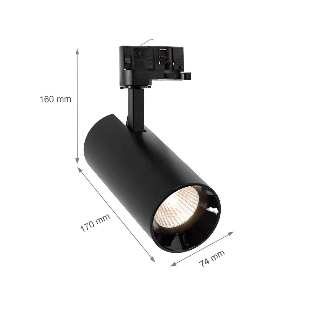 25W sort skinnespot med to spredningsgrader og RA80 - 3-faset, 230V, 2600lm.
