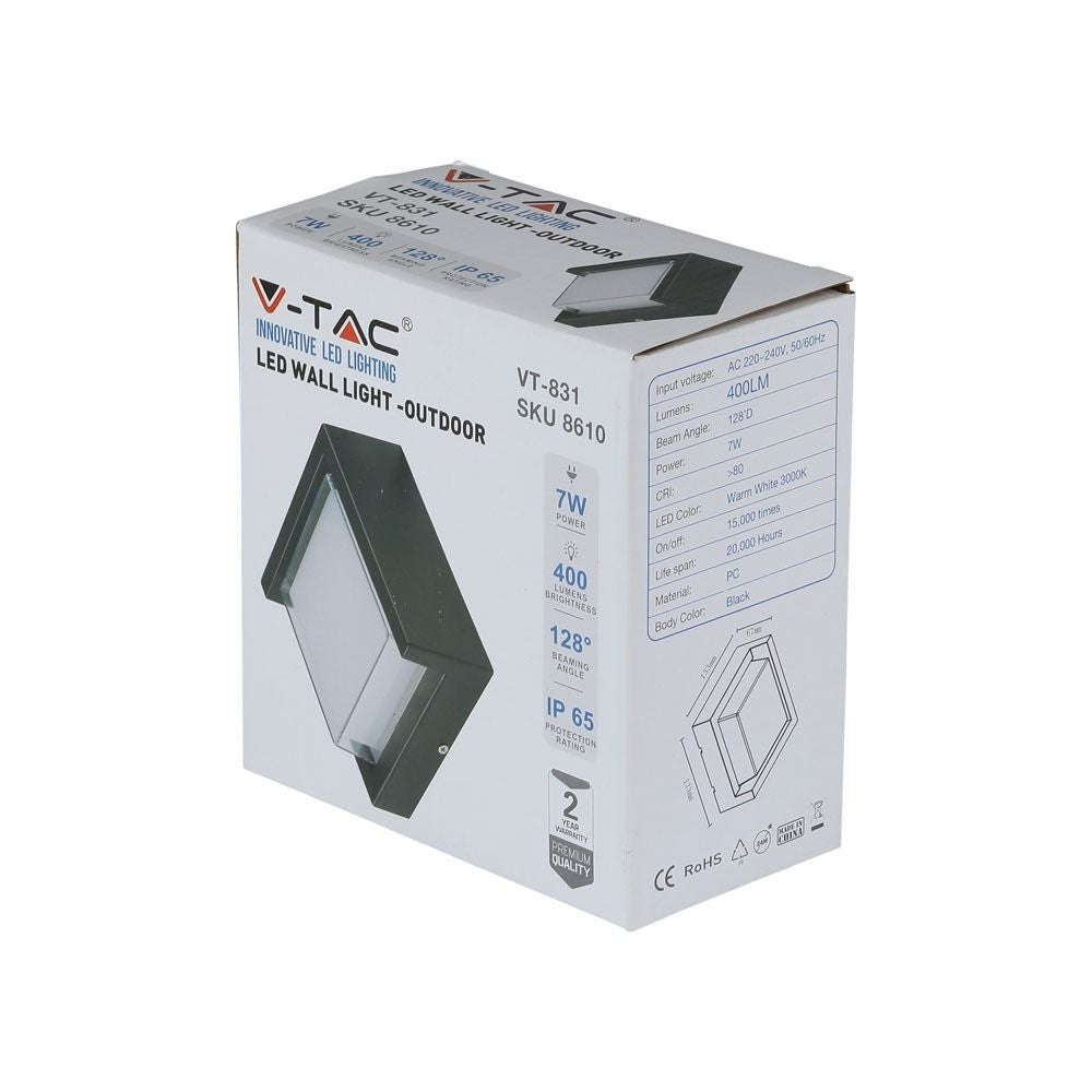V-Tac 7W LED Firkantet Udendørs Væglampe inkl. Lyskilde - IP65, 230V, 400lm, RA80