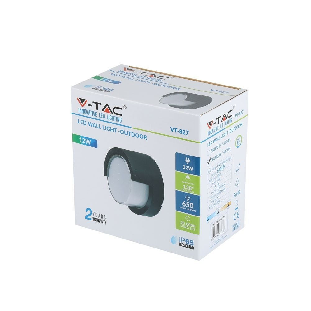 V-Tac 12W LED Udendørs Rund Væglampe - IP65, 230V, inkl. lyskilde