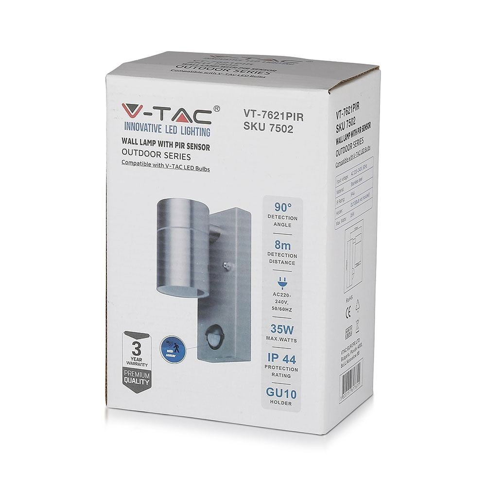 V-Tac udendørs væglampe med sensor - rustfri, IP44, GU10 fatning, uden lyskilde (230V)