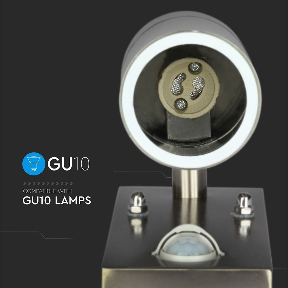 V-Tac udendørs væglampe med sensor - rustfri, IP44, GU10 fatning, uden lyskilde (230V)