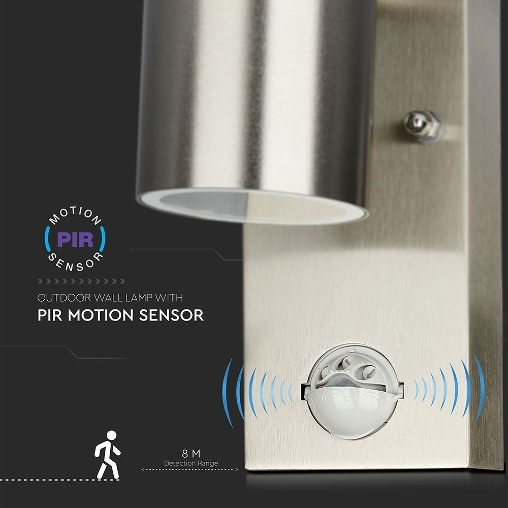 V-Tac udendørs væglampe med sensor - rustfri, IP44, GU10 fatning, uden lyskilde (230V)