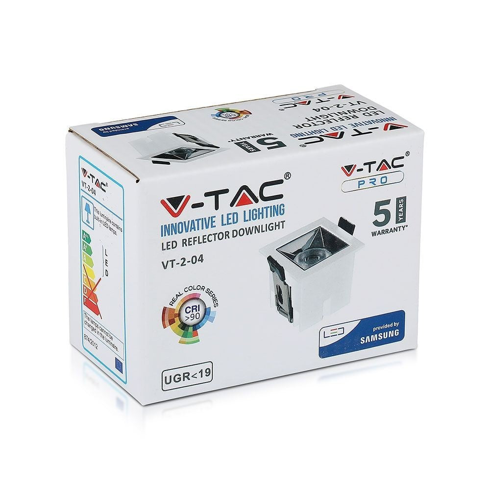 V-Tac 4W LED indbygningsdownlight - Hul: 4,5x4,5 cm, Mål: 5,5x5,5 cm, UGR19, RA90, Samsung LED chip, 230V, 320lm, 5 års producentgaranti