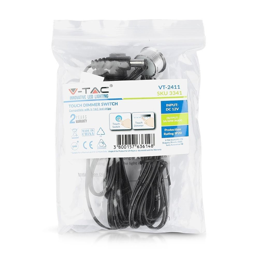 V-Tac LED touch afbryder og dæmper - Sort, 12V (60W), 1,5 meter, DC stik