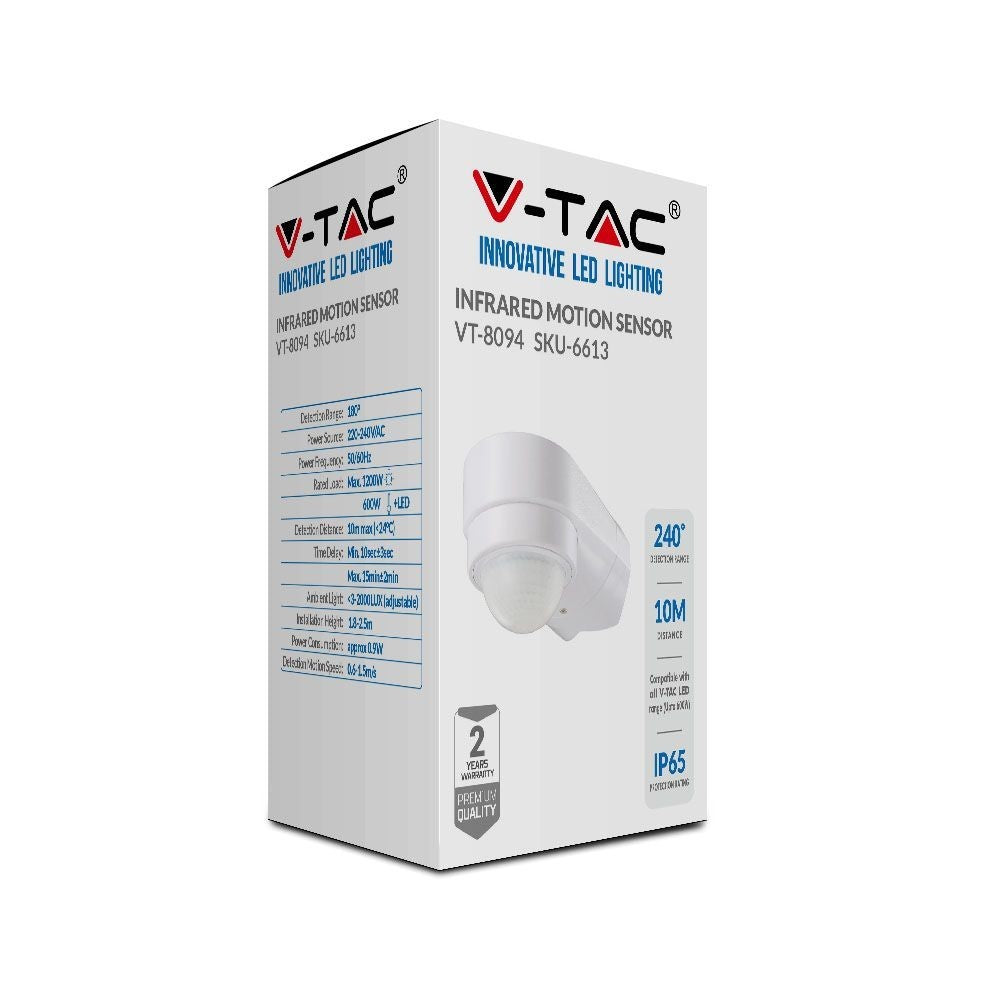 V-Tac bevægelsessensor - LED-venlig, hvid, justerbar vinkel, PIR infrarød, IP65 udendørs - 230V IP65