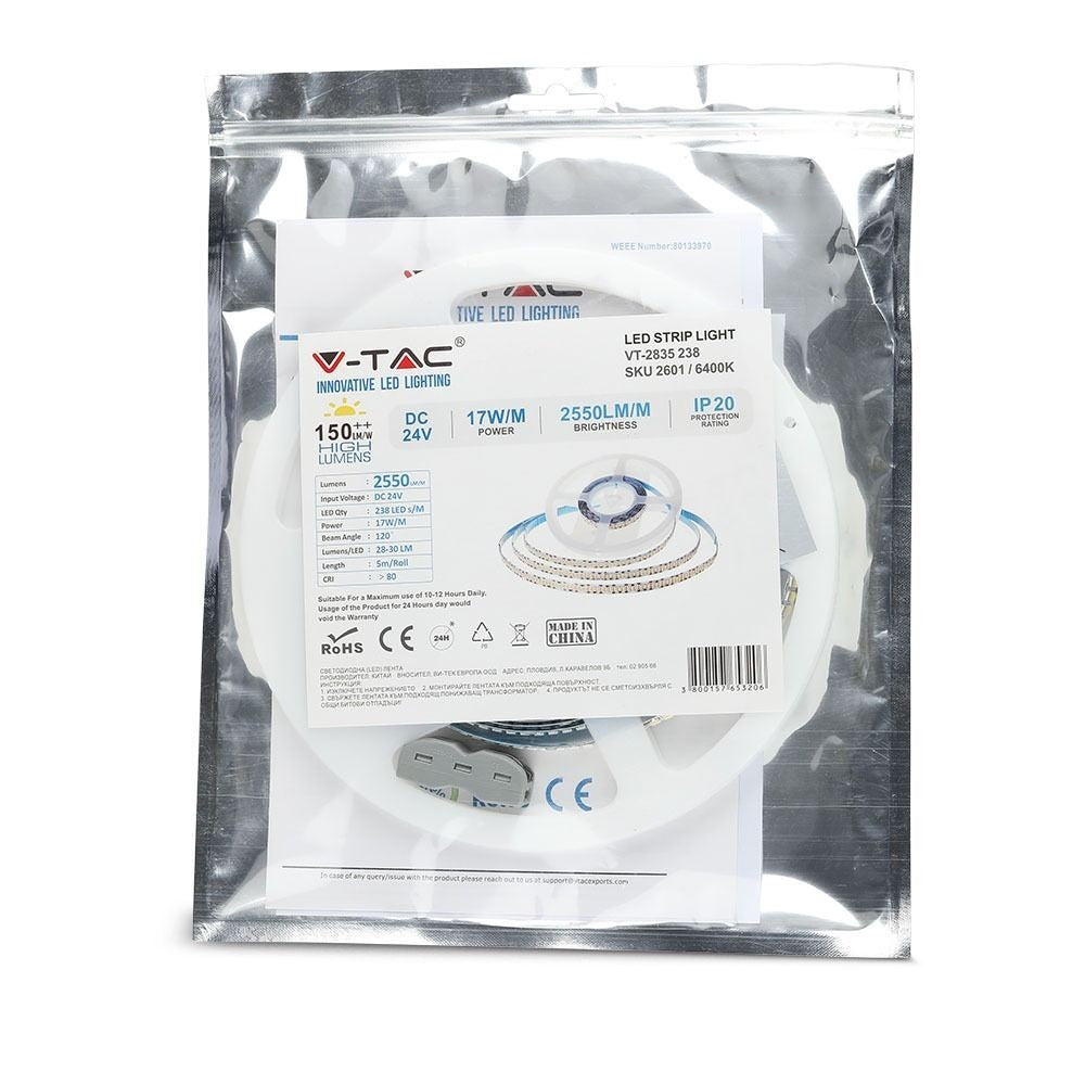 V-Tac 17W/m LED-strips - 5m, 150lm/W, IP20, 24V, 238 LED pr. meter, RA80