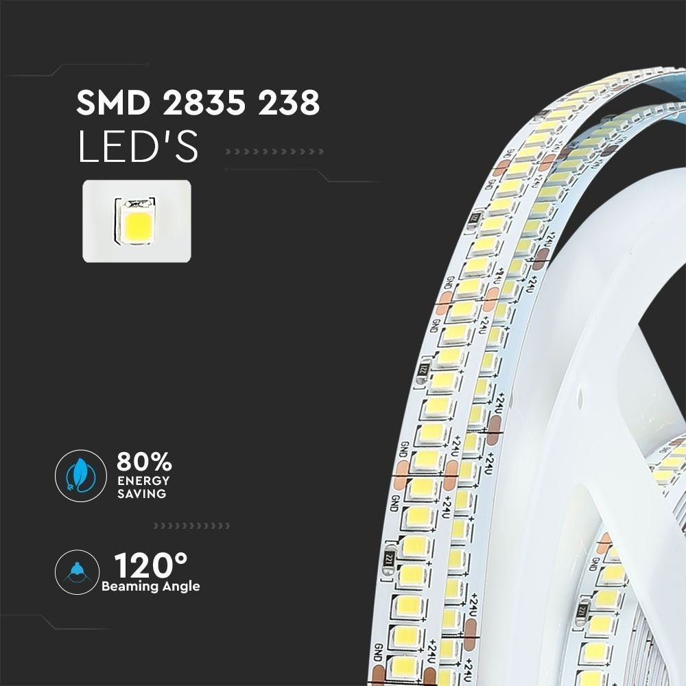 V-Tac 17W/m LED-strips - 5m, 150lm/W, IP20, 24V, 238 LED pr. meter, RA80