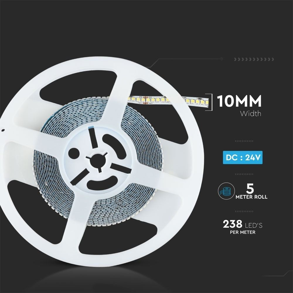 V-Tac 17W/m LED-strips - 5m, 150lm/W, IP20, 24V, 238 LED pr. meter, RA80