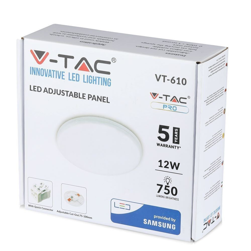 V-Tac 12W LED indbygningspanel - Samsung LED chip, Ø7,5 cm hul, Ø12 cm mål, 230V, 5 års garanti