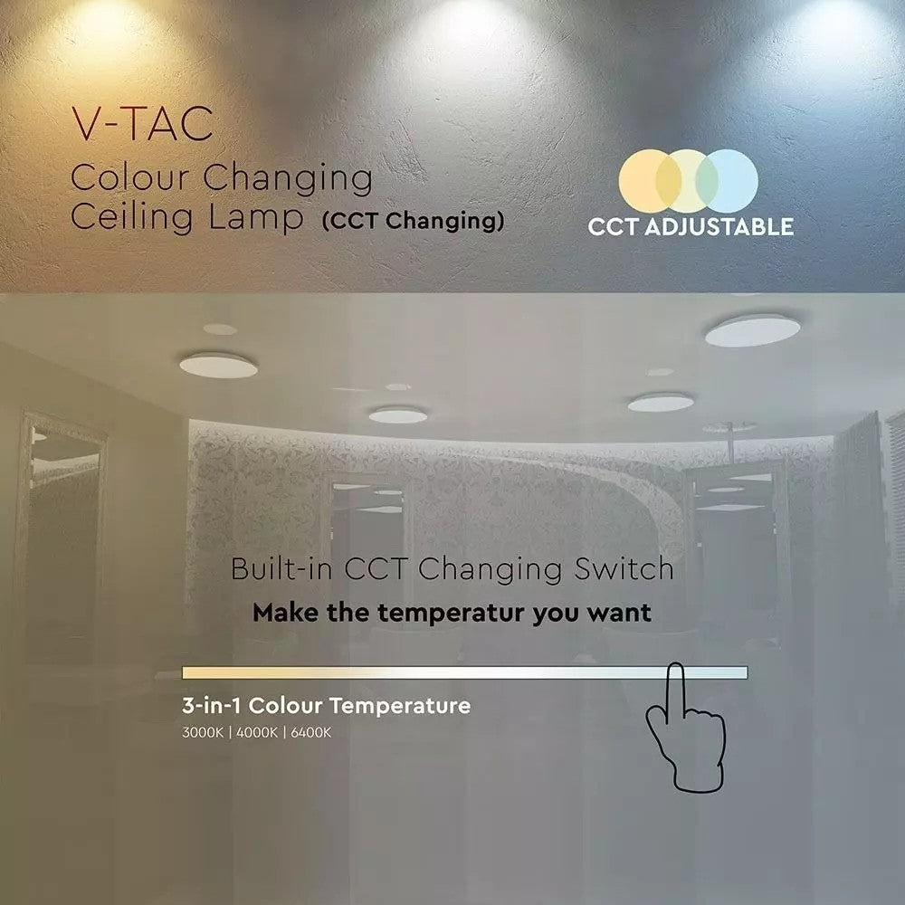 V-Tac rund 24W LED loftslampe - 3i1 valgfri lysfarve, Ø35cm, 230V, inkl. lyskilde og 2600lm