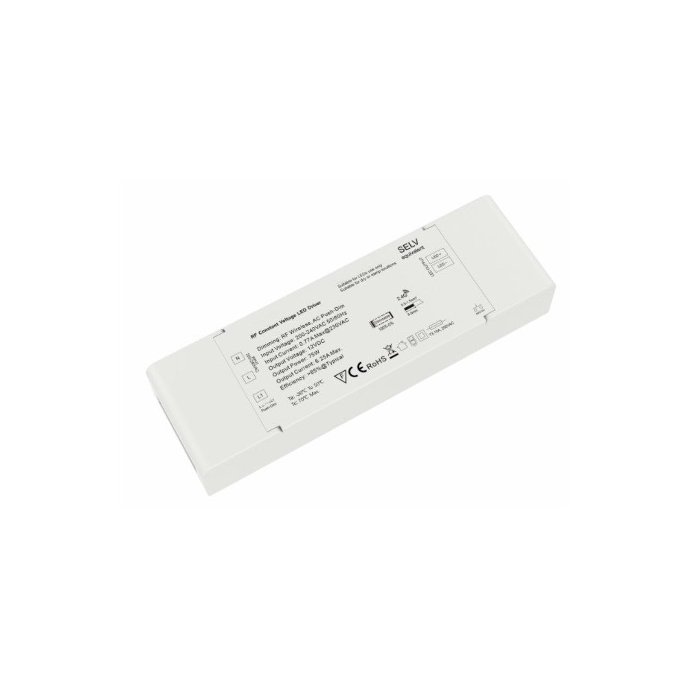 LEDlife rWave 75W Dæmpbar Strømforsyning - 12V DC, 6,25A, RF, Push-dæmp, Effekt: 75W, Input: 230V, Output: 12V