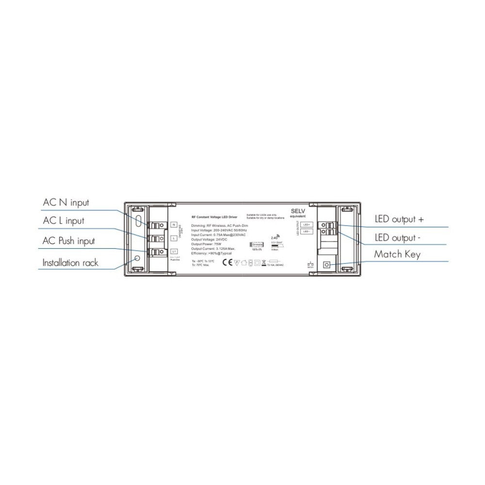LEDlife rWave 75W Dæmpbar Strømforsyning - 12V DC, 6,25A, RF, Push-dæmp, Effekt: 75W, Input: 230V, Output: 12V
