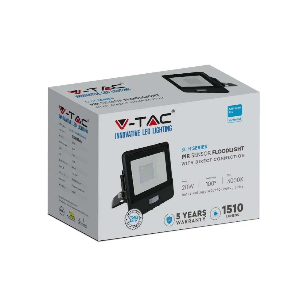 V-Tac 20W LED projektør med sensor - SMD, Samsung LED chip, 5 års producentgaranti