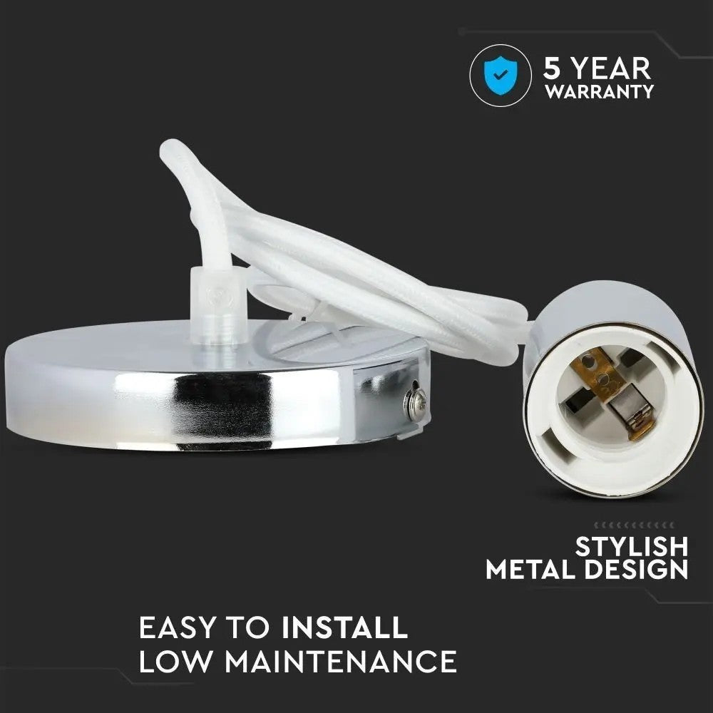 V-Tac lampefatning - Krom metal, hvid ledning, E27 (60W max)