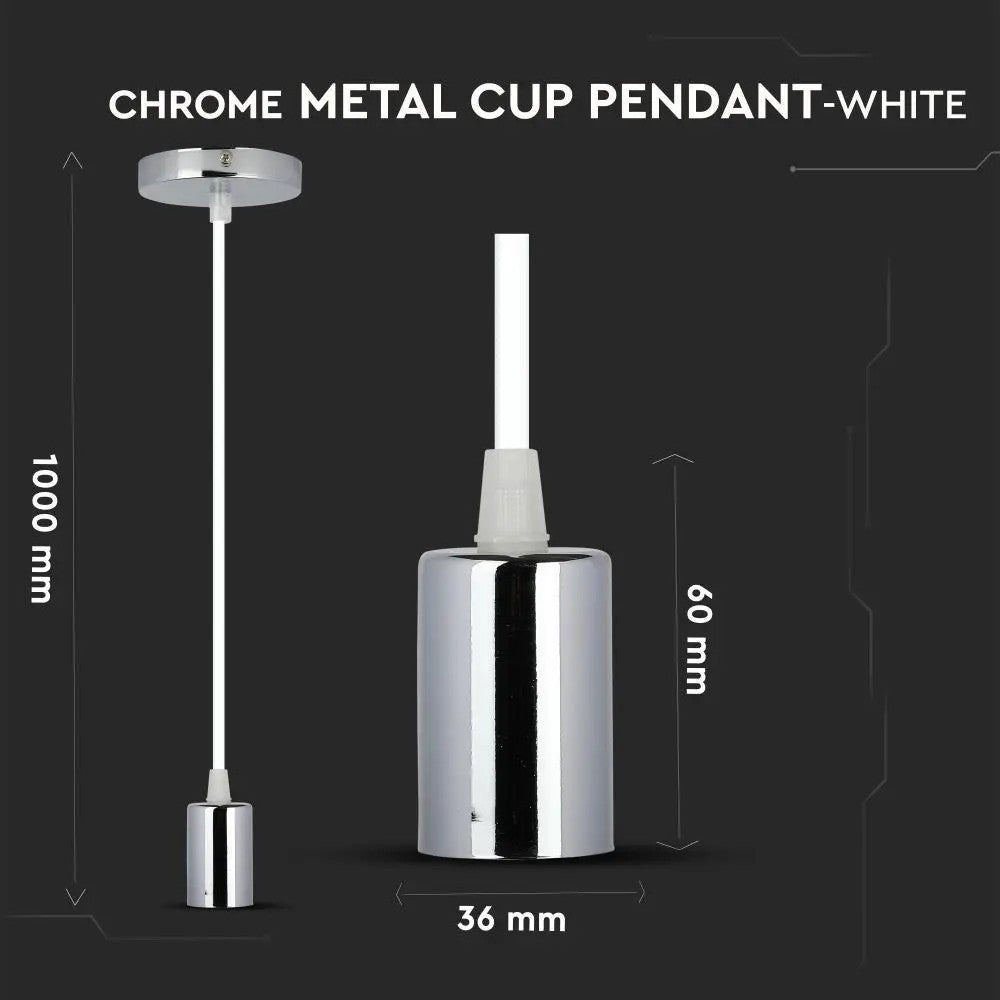 V-Tac lampefatning - Krom metal, hvid ledning, E27 (60W max)