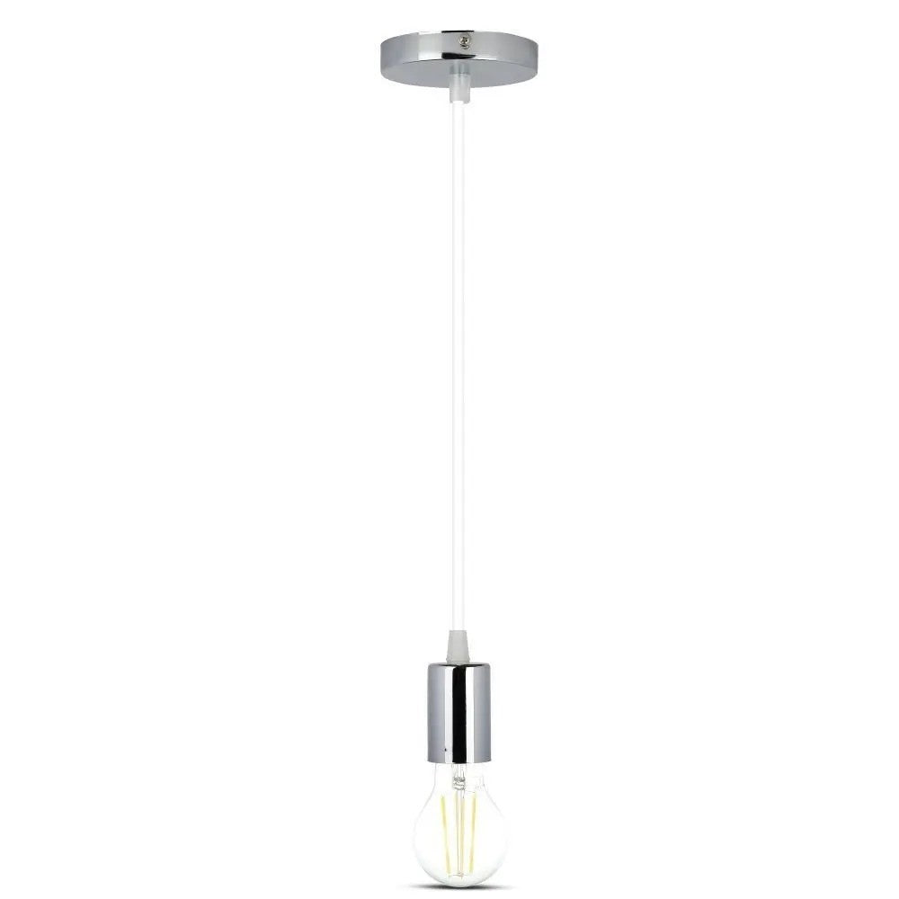 V-Tac lampefatning - Krom metal, hvid ledning, E27 (60W max)