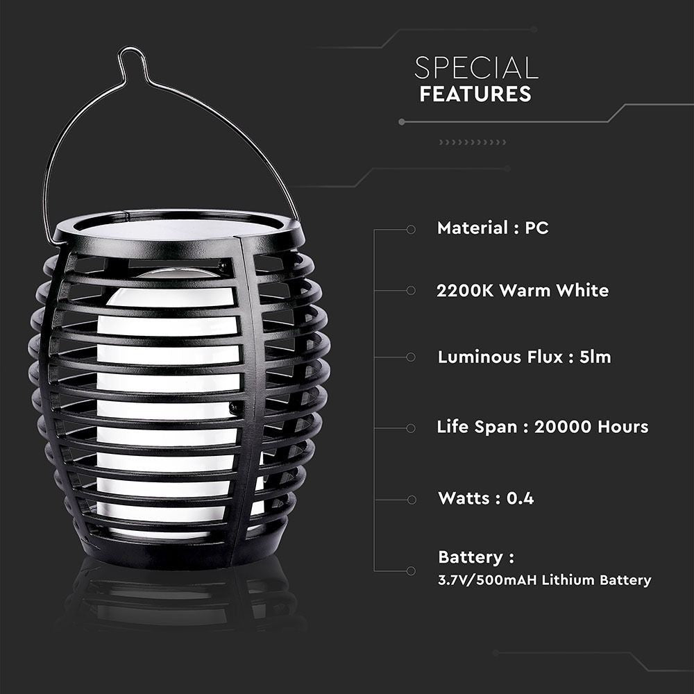Sort luksus solcelle havelampe med flammeeffekt og 65cm højde - 4-i-1 design. Effekt: 0,45W. Lysstyrke: 15lm.