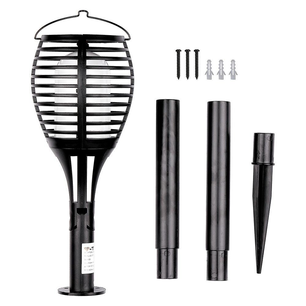 Sort luksus solcelle havelampe med flammeeffekt og 65cm højde - 4-i-1 design. Effekt: 0,45W. Lysstyrke: 15lm.