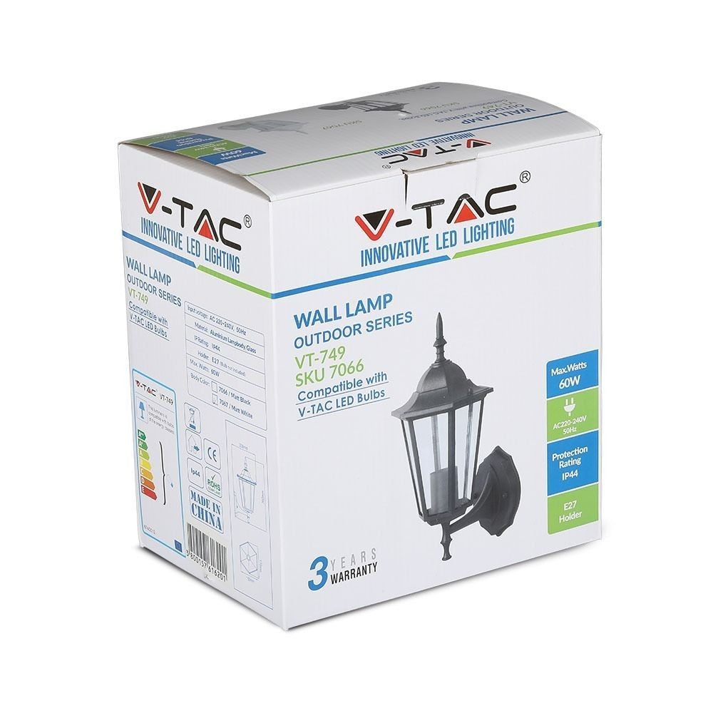 V-Tac Sort Væglampe - IP44 Udendørs, E27 Fatning, Uden Lyskilde (230V, 3 Års Producentgaranti)