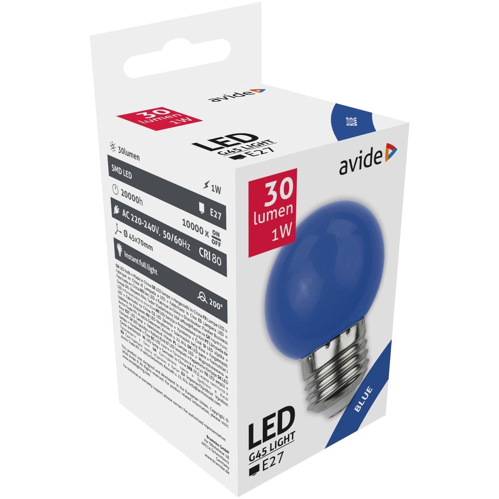 Blå, matteret 1W LED-kronepære med E27 fatning og 230V input - 30lm, RA80