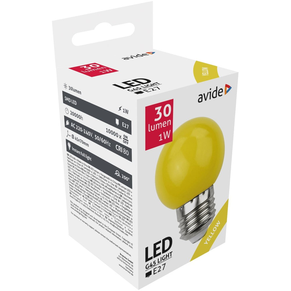 Gul LED kronepære - 1W, E27 fatning, matteret, 230V, 30lm, RA80