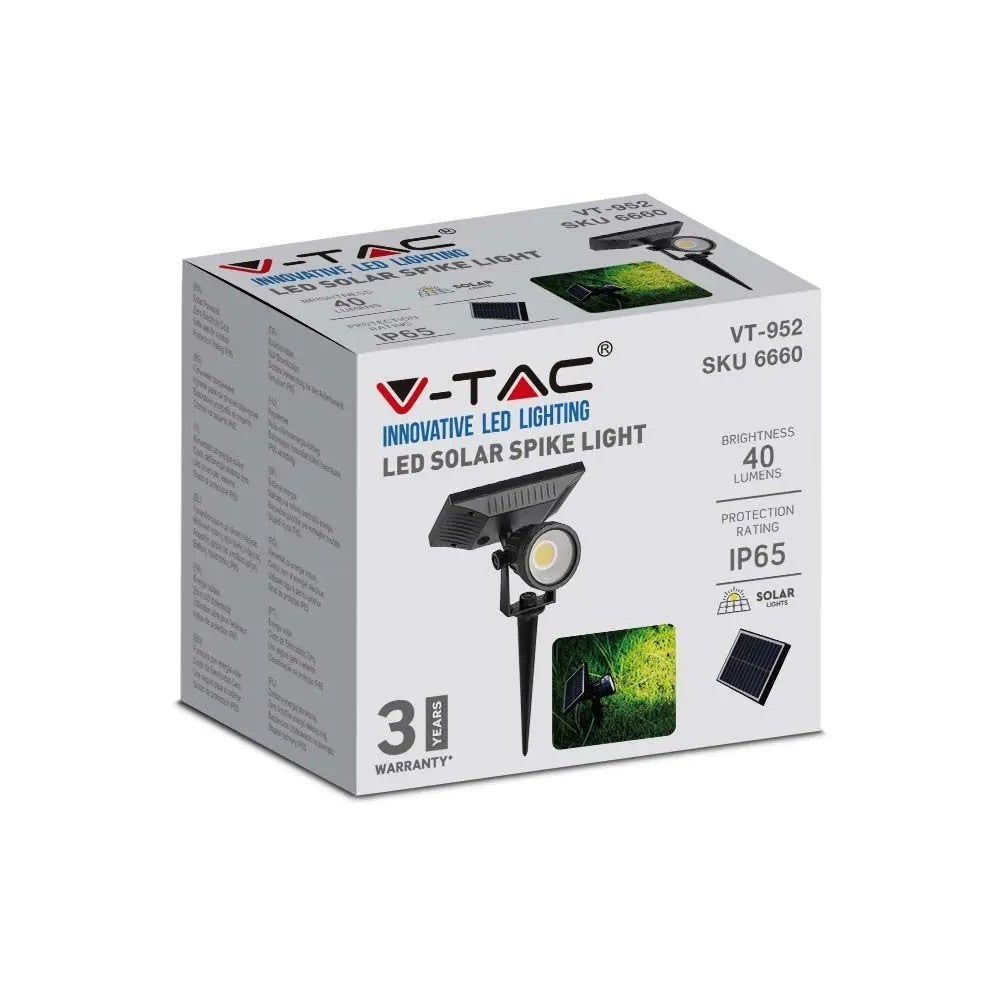 Sort V-Tac solcelle havelampe med spyd - COB LED, 40lm, RA80, IP65