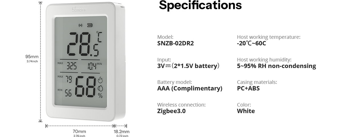Zigbee SNZB-02DR2 - Temperatur- og Fugtighedssensor