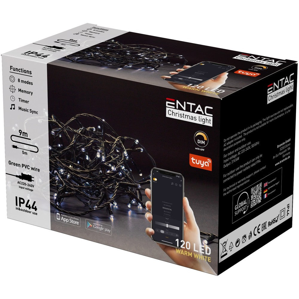 9 meter Smart Home varm hvid LED julelyskæde - Tuya/Smart Life, 120 LED, memory funktion, IP44 udendørs, 230V