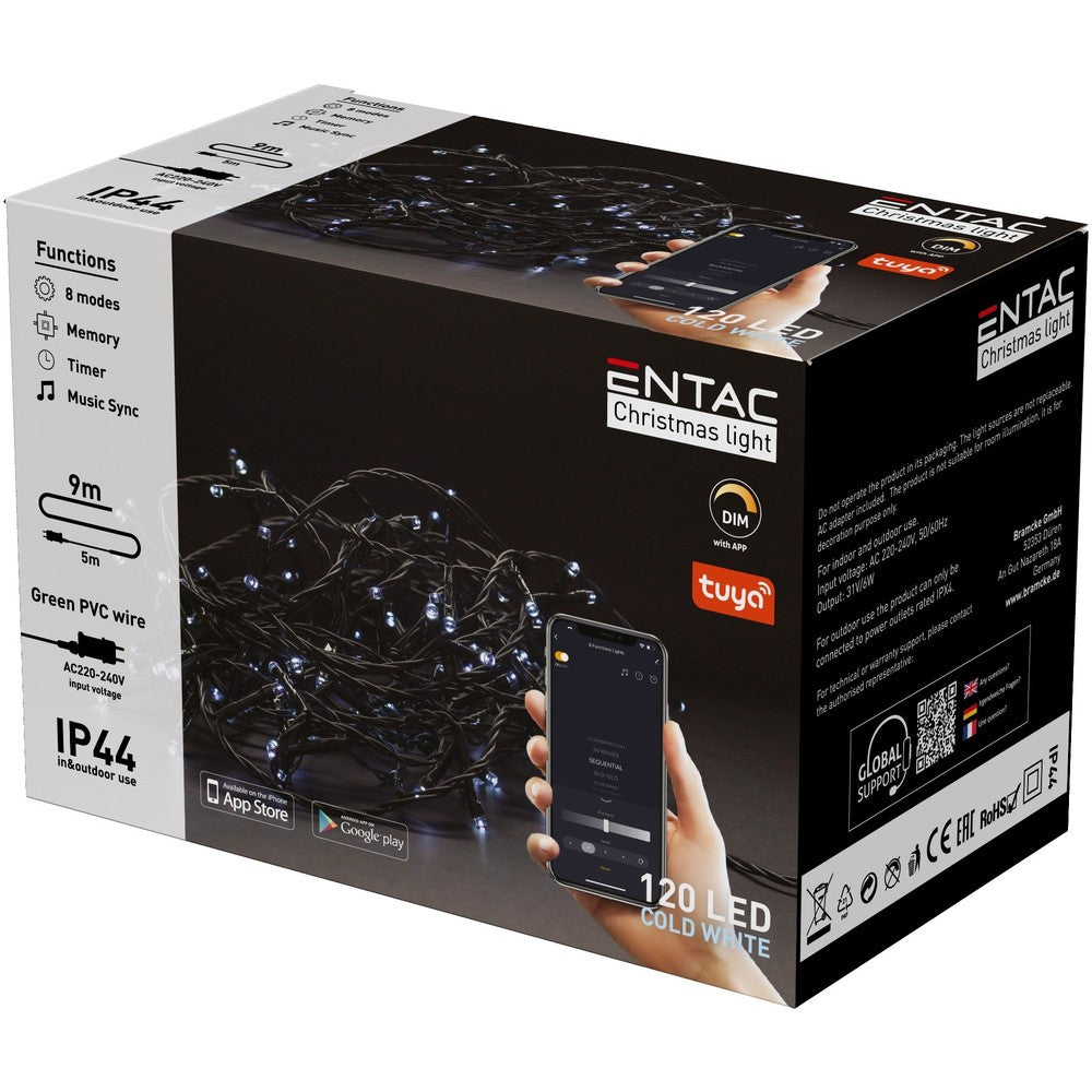 Smart Home LED julelyskæde - Tuya/Smart Life, 120 LED, kold hvid, memory funktion, udendørs, IP44, 230V