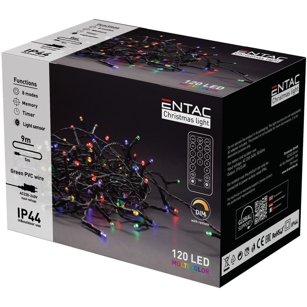 9 m. multicolor LED julelyskæde med memory funktion og IR fjernbetjening til udendørs brug (IP44) - 120 LED, 230V