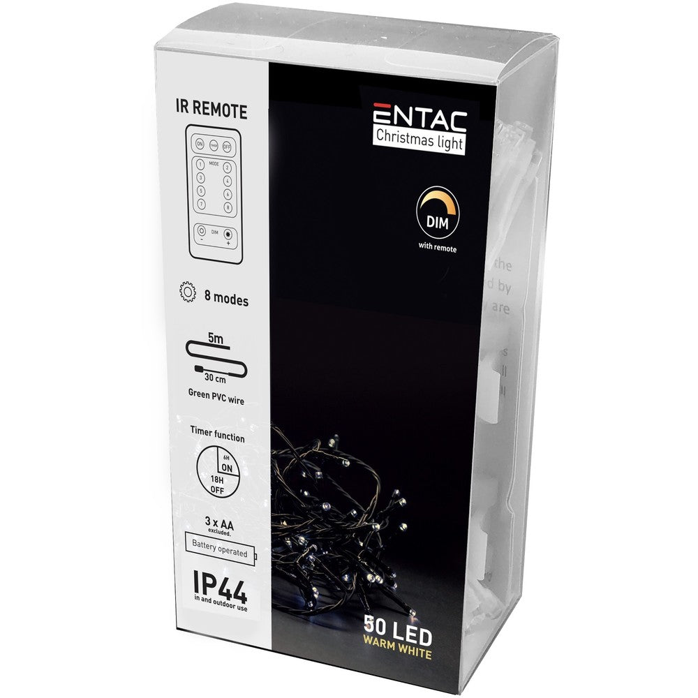 5 meter varm hvid LED julelyskæde - 50 LED, IP44 udendørs, IR fjernbetjening, timer, batteri