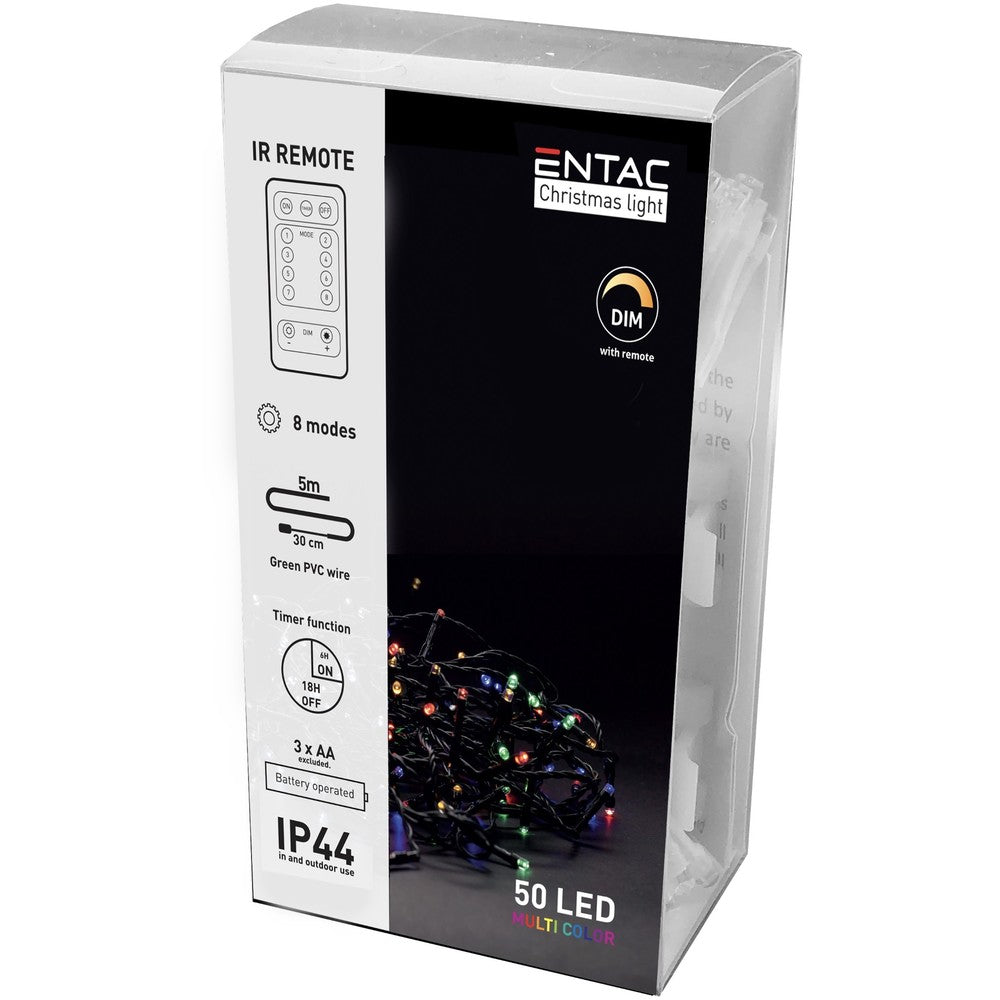 5 meter multicolor LED julelyskæde - 50 LED, IP44 udendørs, IR fjernbetjening, timer, batteridrevet.