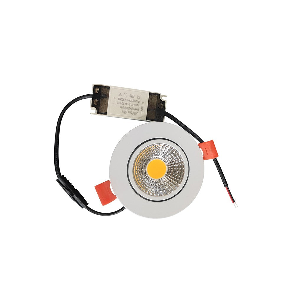 Dæmpbar 3W LED indbygningsspot - Hul: Ø7-8 cm, Mål: Ø8,5 cm, hvid kant, 230V, erstatter 45W