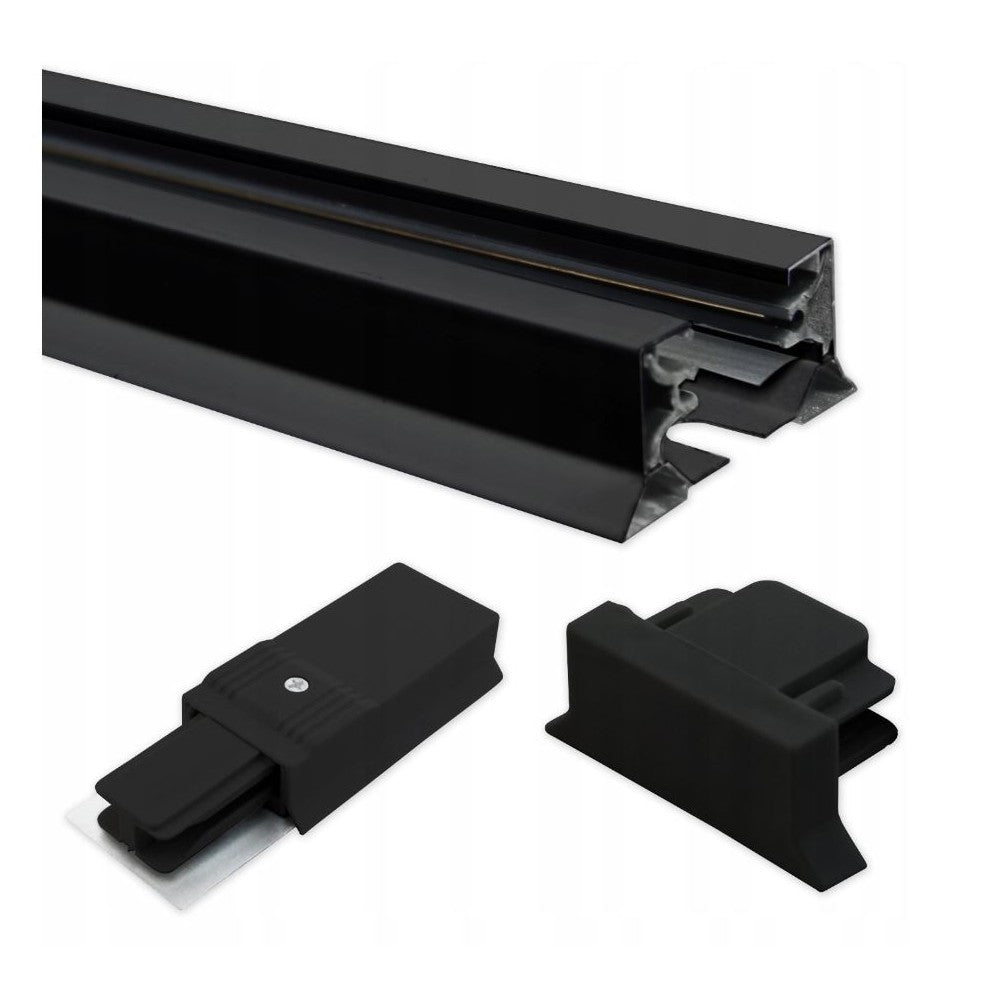 Sort 1-faset 1 meter skinnespot med tilslutning og endeprop til 230V