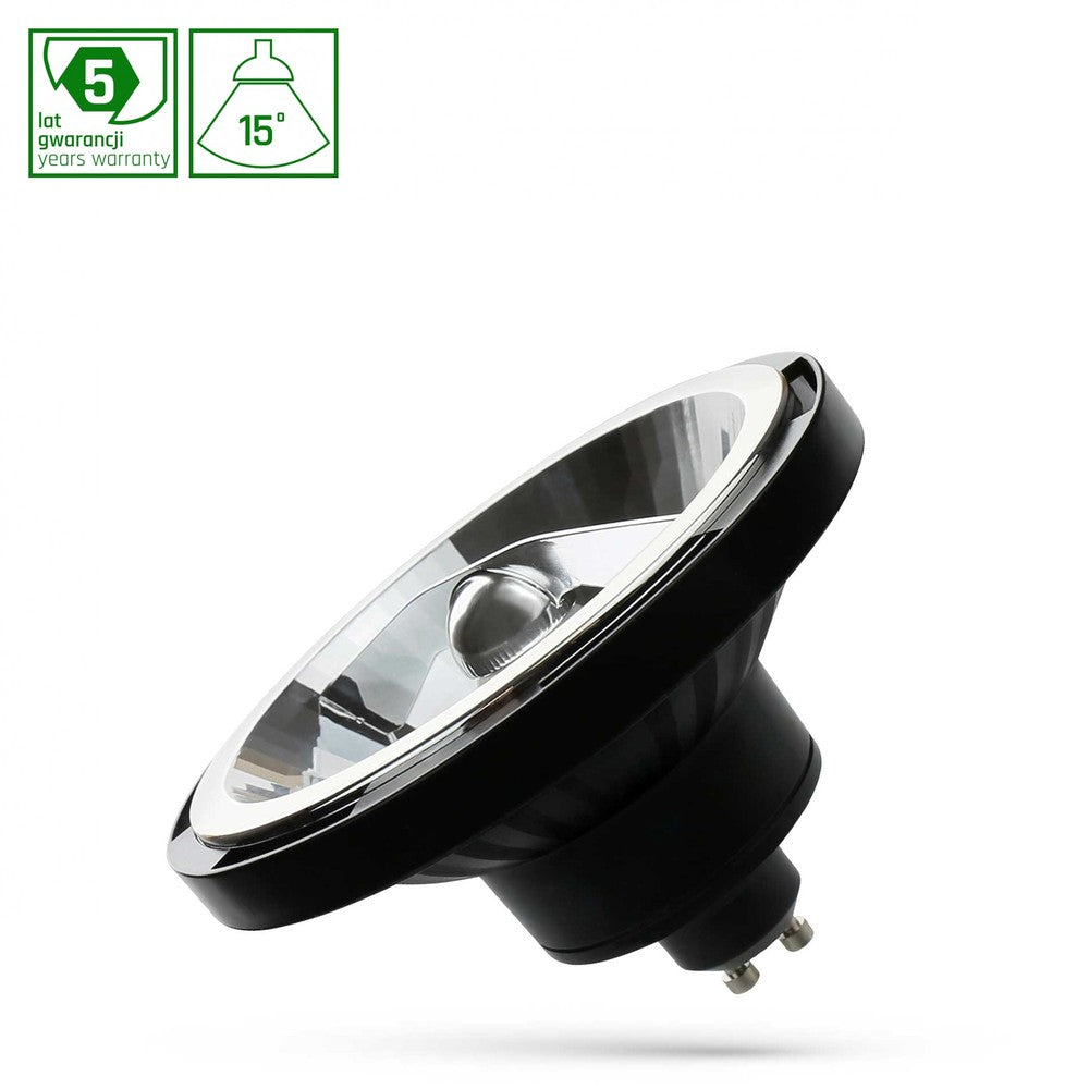 LED AR111 GU10 230V 12W COB 15° SORT Spektrum - Høj kvalitet, 12W LED-pære med GU10 fatning og sort spektrum. Leverer 1050lm lysstyrke og har en farvegengivelsesindex (RA) på 80. Perfekt til både privat og kommerciel brug.