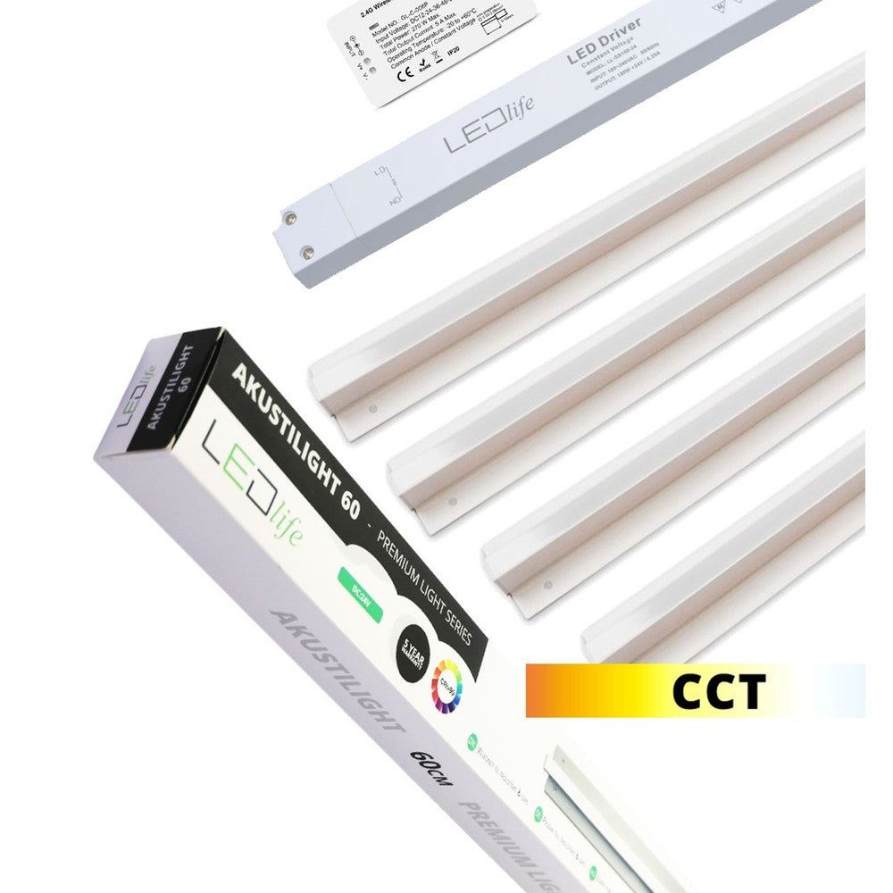 Troldtekt LED Zigbee skinnesæt 4x120 cm - CCT, Planforsænket, Akustilight inkl. ledninger og driver - 5 års producentgaranti