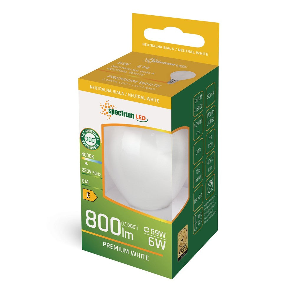 6W LED kronepære - P45, kultråd, matteret glas, E14, 800lm, RA80