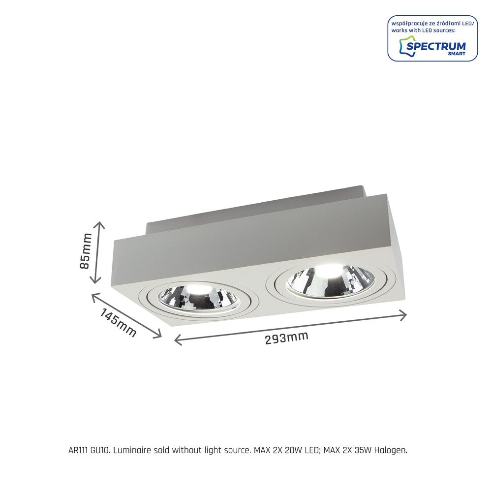 MIRORA 2x AR111 OVERFLADE GU10 250V IP20 HVID rektangel lysarmatur - 230V indgang