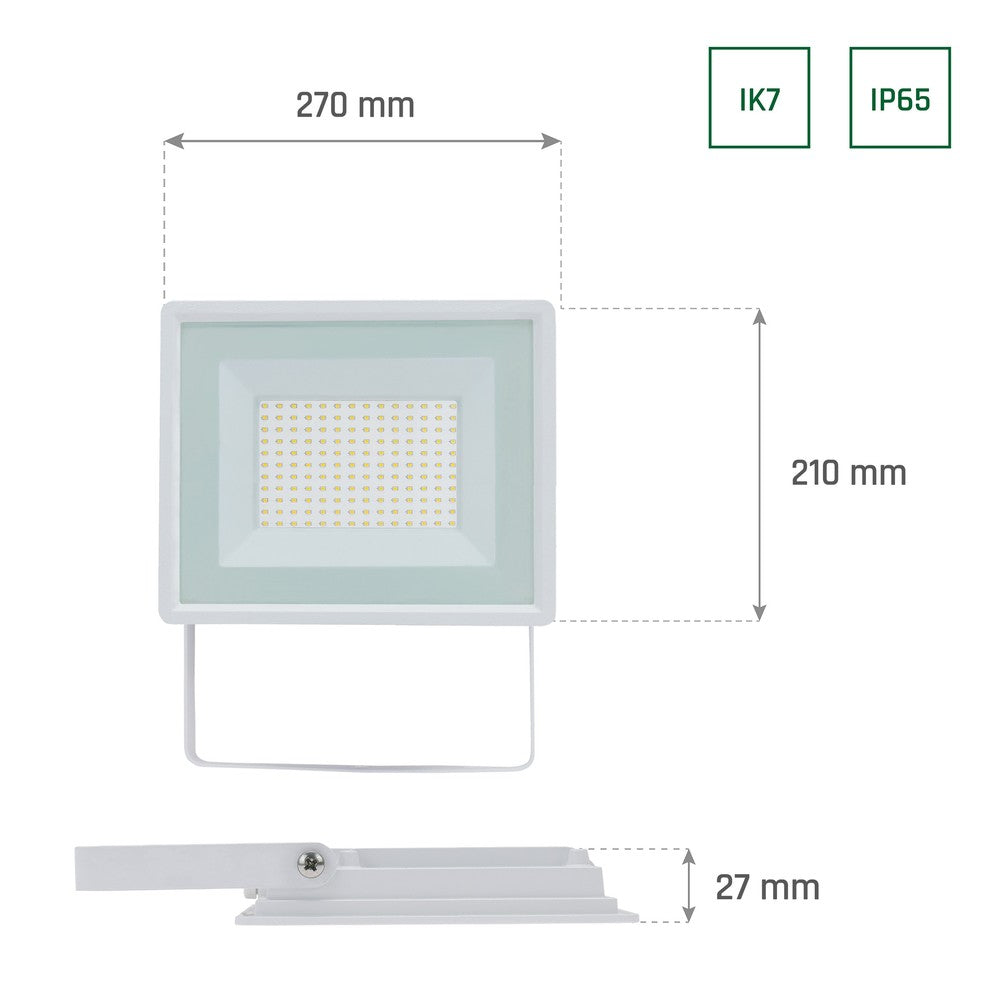 NOCTIS LUX 3 PROJEKTØR 100W 230V IP65 270x210x27mm HVID - Kraftfuld og vandtæt LED projektor med 100W effekt og 9400lm lysstyrke. Ideel til udendørs brug med IP65-klassificering. RA70 for naturlig farvegengivelse. Let og kompakt design i hvid finish.