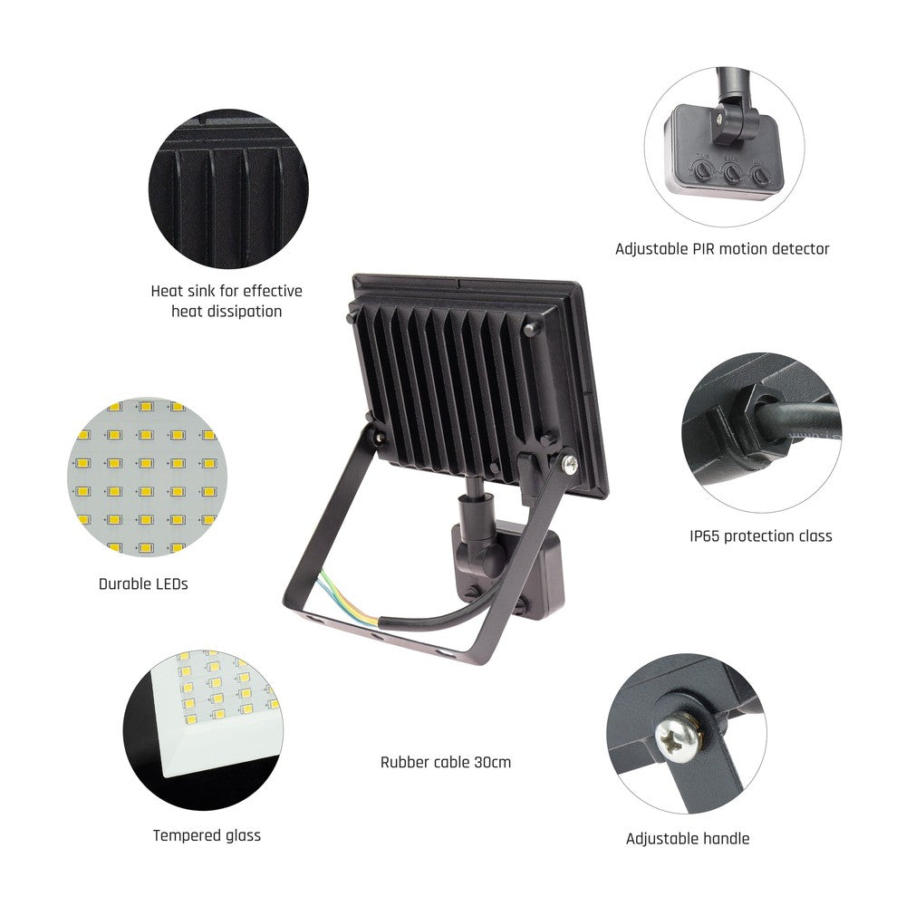 NOCTIS LUX 3 PROJEKTØR 30W 230V IP44 150x190x53mm SORT med PIR-sensor - Kraftfuld sort udendørs projektør med PIR-sensor