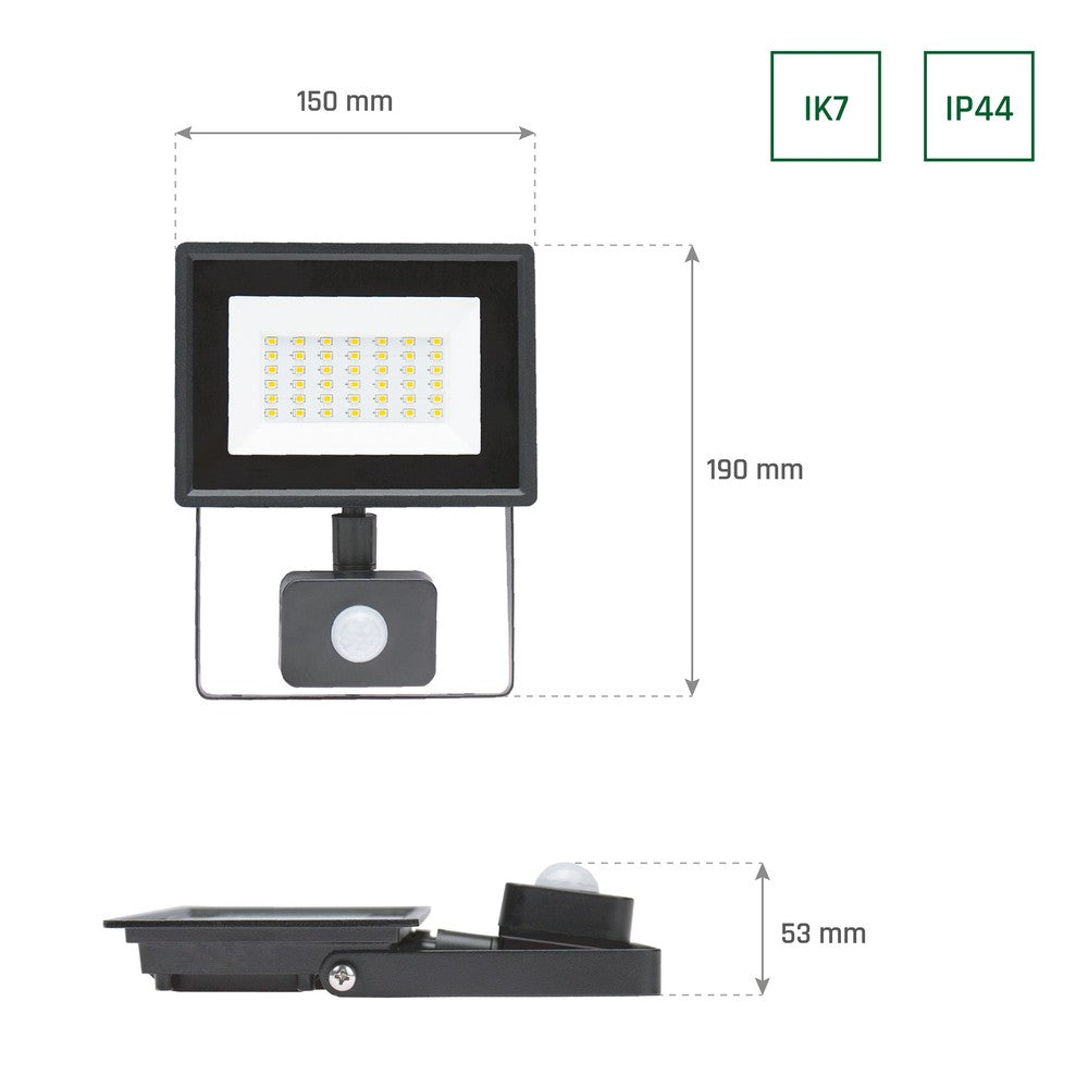 NOCTIS LUX 3 PROJEKTØR 30W 230V IP44 150x190x53mm SORT med PIR-sensor - Kraftfuld sort udendørs projektør med PIR-sensor