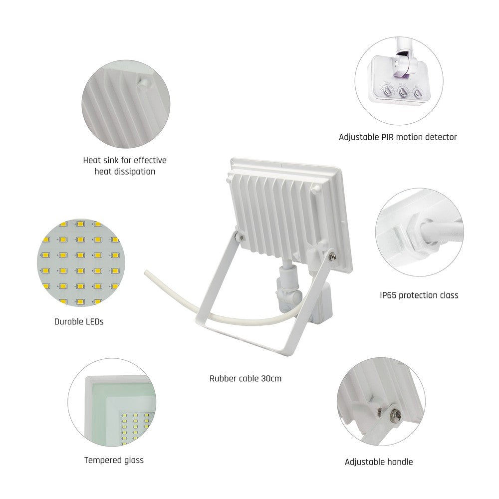 NOCTIS LUX 3 PROJEKTØR 50W 230V IP44 HVID m/PIR-sensor. 4700lm, RA70. 180x215x53mm.
